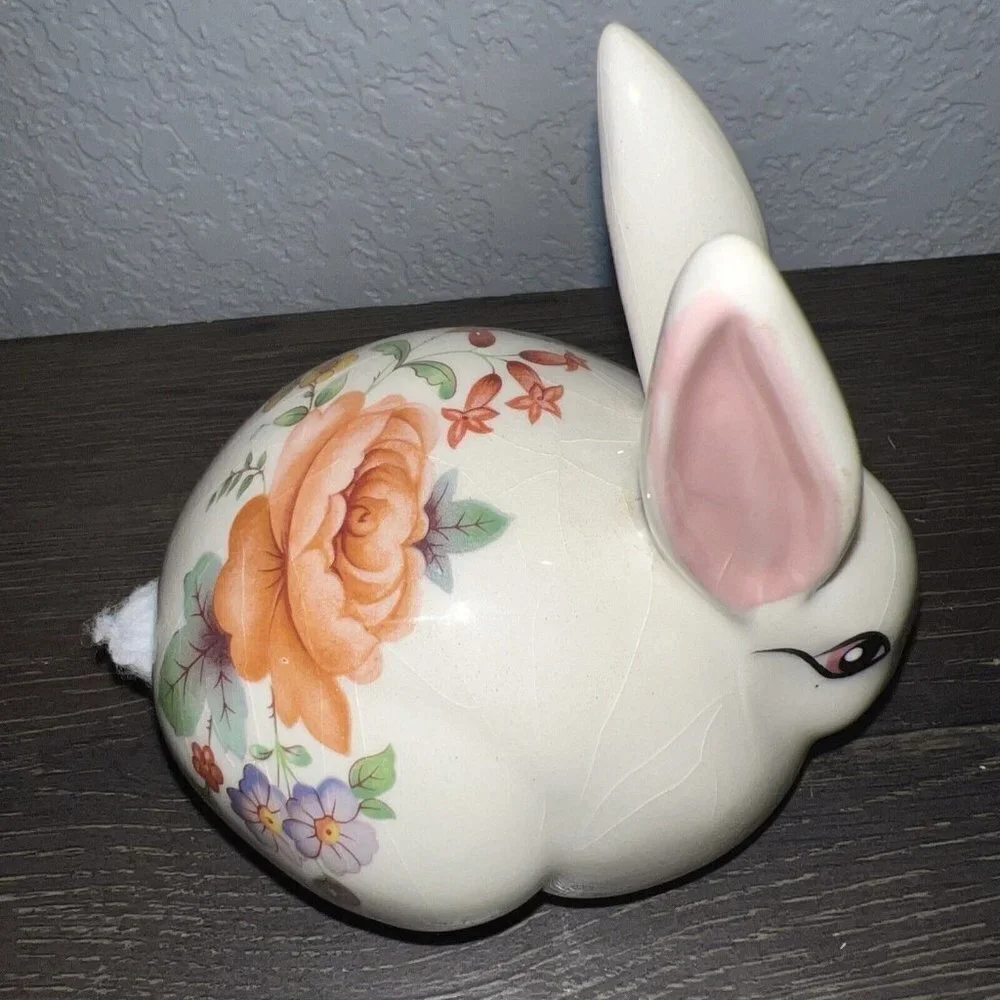 Georgewood Creation CA Ceramic Bunny Rabbit Floral Cotton Ball Dispenser Cottage